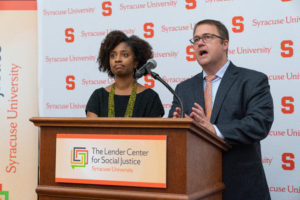 Marcelle Haddix and Kendall Phillips speak at the Lender Center dedicaction