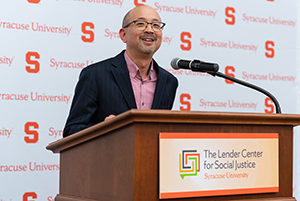 Kevin Kumashiro speaks at the Lender Center dedication